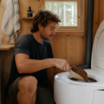 Composting toilet in a small bathroom with its urine diverting bowl and vent hose visible