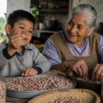 Dry beans spread across a table with small stones and split beans picked out before storage