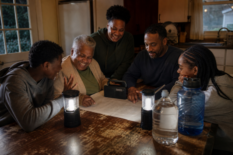 Family sitting around a kitchen table by lantern light working through their outage plan