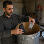 Galvanized metal trash can lined with cardboard holding a radio and spare electronics