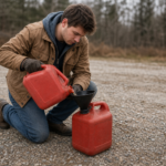 Red gasoline cans lined up in a shed, each labeled with the month it was filled