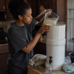 Stainless gravity water filter on a kitchen counter with cloudy water in the top chamber