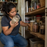 Pantry shelves of canned goods with dates facing out and older cans pulled to the front