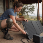 Hands checking the connectors between a folding solar panel and a portable power station