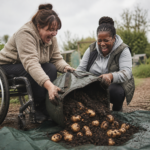 Freshly dug potatoes drying on burlap beside a garden fork and soil