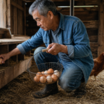 Backyard hens scratching in a fenced run beside a wooden coop with nest boxes