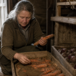 Carrots and beets layered in damp sand inside wooden crates on root cellar shelves