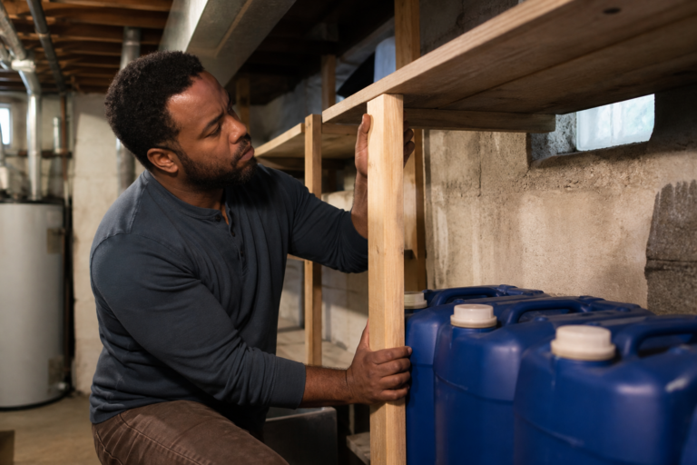 Stacked water containers on a low basement shelf against a concrete foundation wall