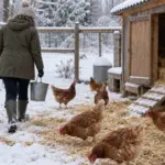 Hens in a snowy fenced run beside a straw-bedded wooden coop in winter