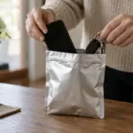 Hands placing a phone and key fob into a plain silver shielding pouch