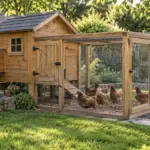 Finished wooden backyard chicken coop with a wire run and hens in a garden