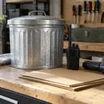 Galvanized steel bin on a workbench with foil, cardboard, a radio and a flashlight