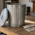 Galvanized steel trash can with lid and a roll of aluminum foil on a workbench