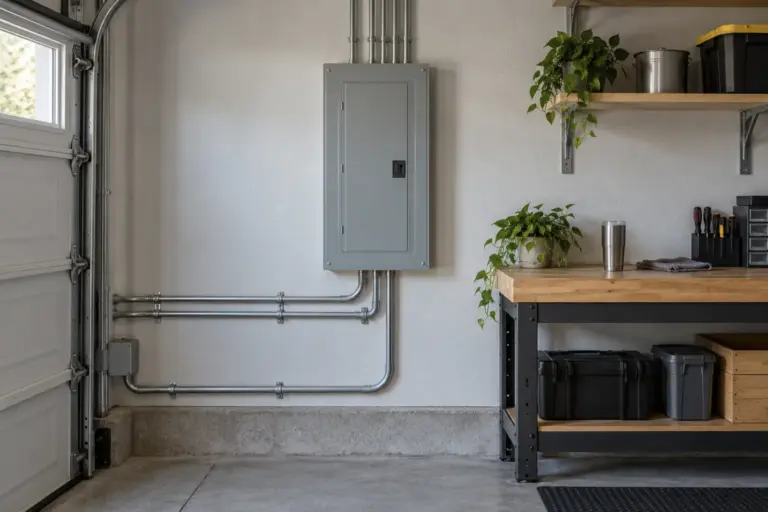 Closed grey breaker panel on a tidy garage wall with neat metal conduit