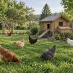 Roomy fenced chicken run with six hens spread out around a wooden coop