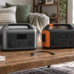 Two portable power stations side by side on a living room coffee table for comparison